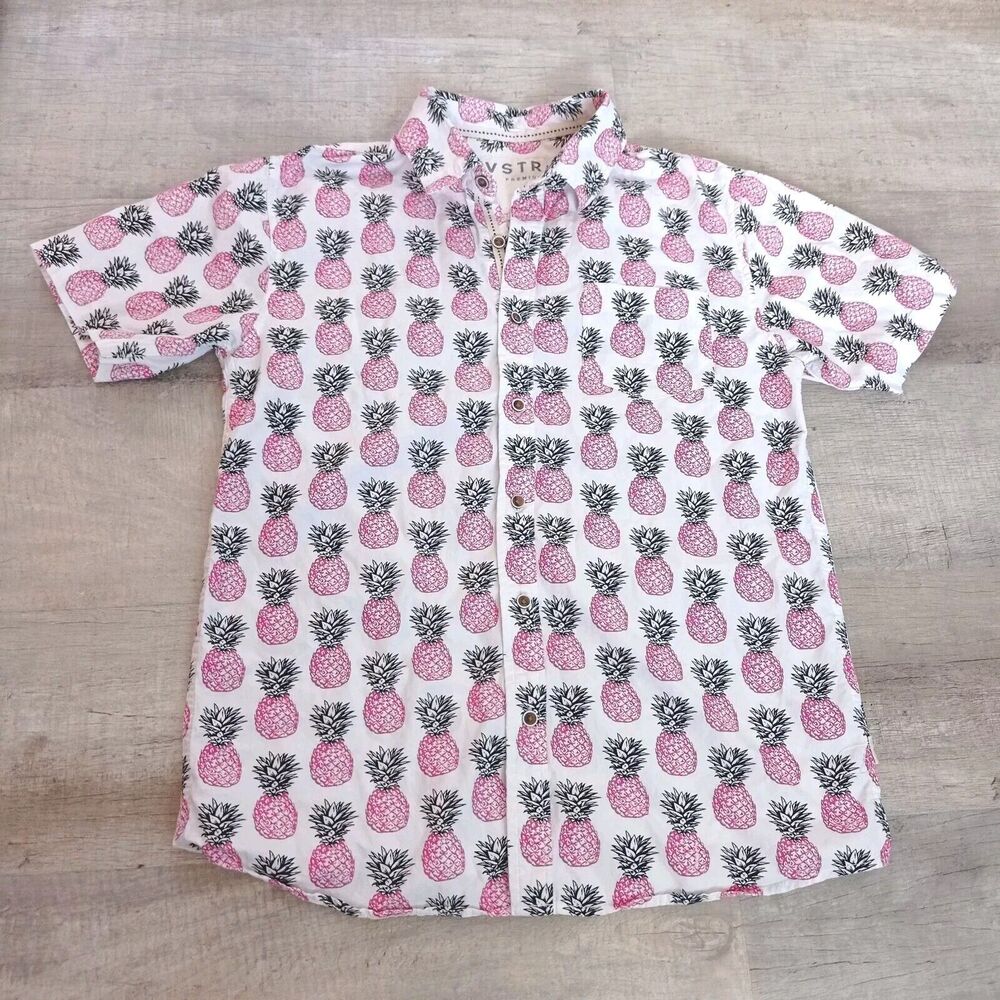 VSTR Button Up Down All Over Print White Pink Pineapple Size S